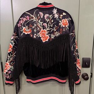 Free People Black Bomber Jacket with Floral Embroidery & Fringe